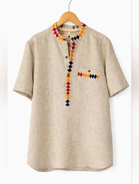 The Territory Ahead Men's Beige Short-Sleeve Linen Shirt Multicolor Embroidery M